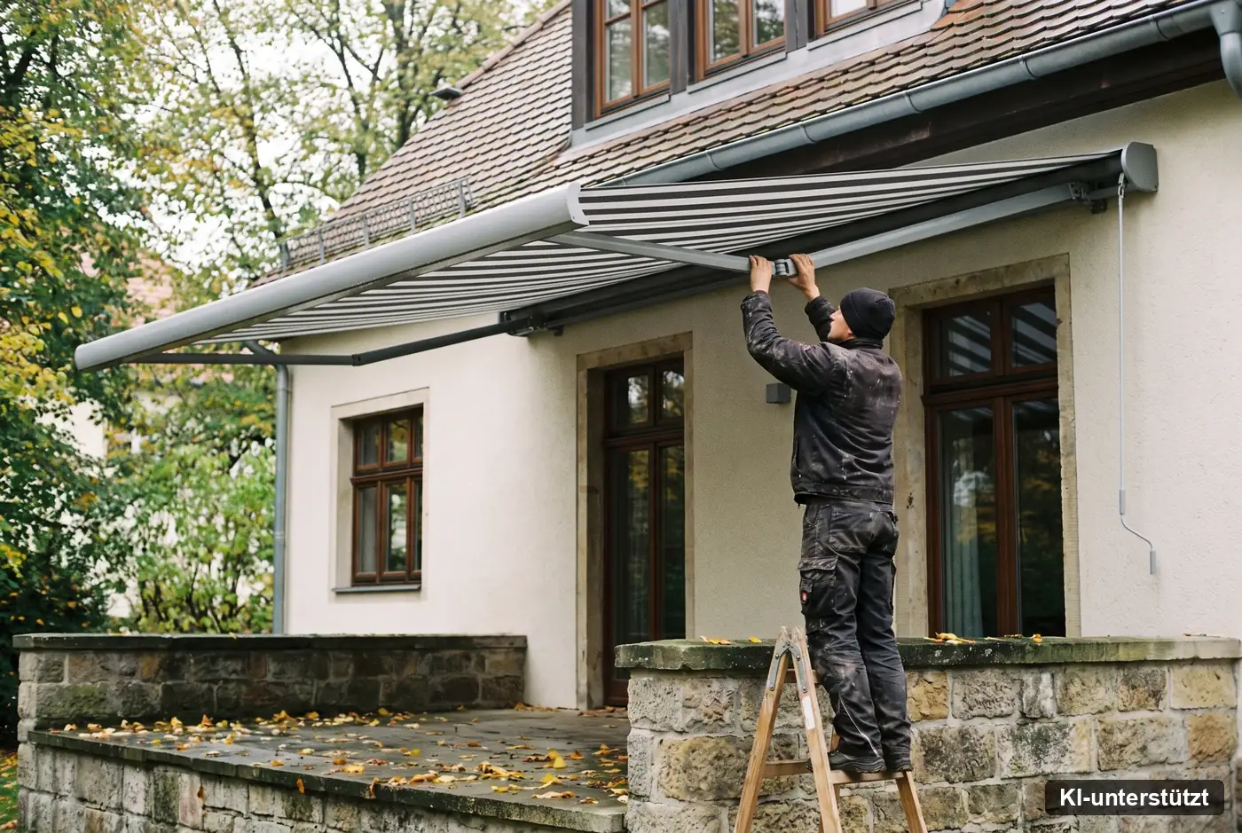 Techniker prüft im Herbst den Gelenkarm einer ausgefahrenen Kassettenmarkise an einem Dresdner Einfamilienhaus